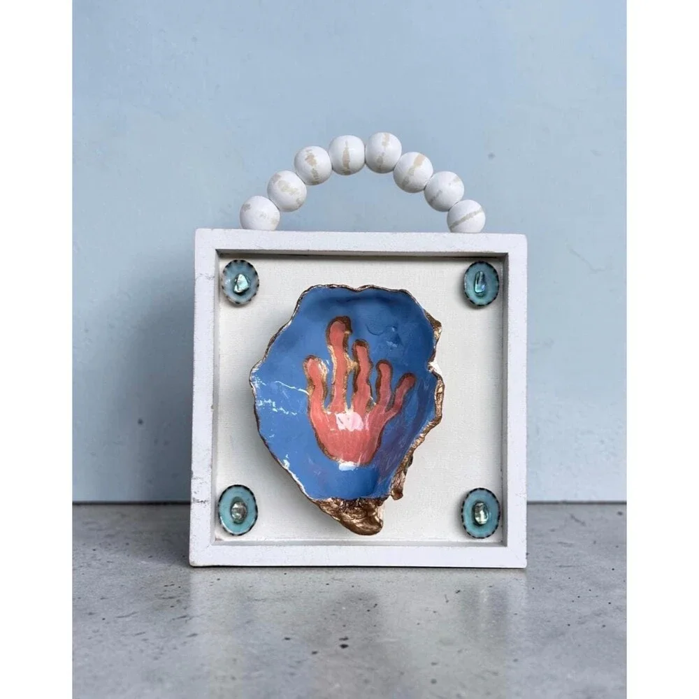 Hand-Painted Coral Oyster Shell Framed Art Sign Beach House Decor, Limpet Shells